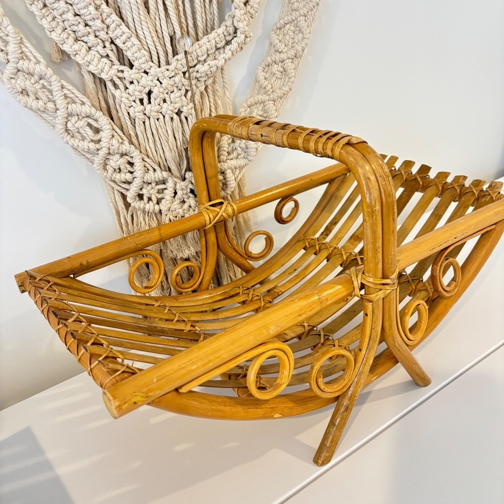 BOHO rattan bamboo mid century magazine rack towel holder MCM decor stand - Picture 12 of 15
